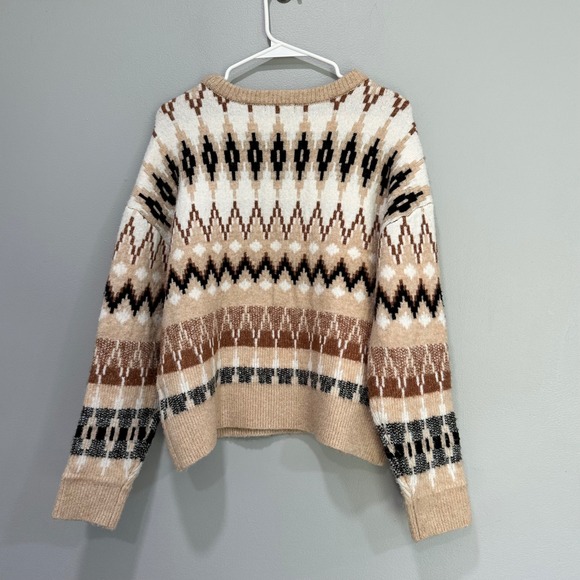 FRYE Geometric Fair Isle Knit Sweater Women's Size Medium Tan Brown Cream - Picture 5 of 7